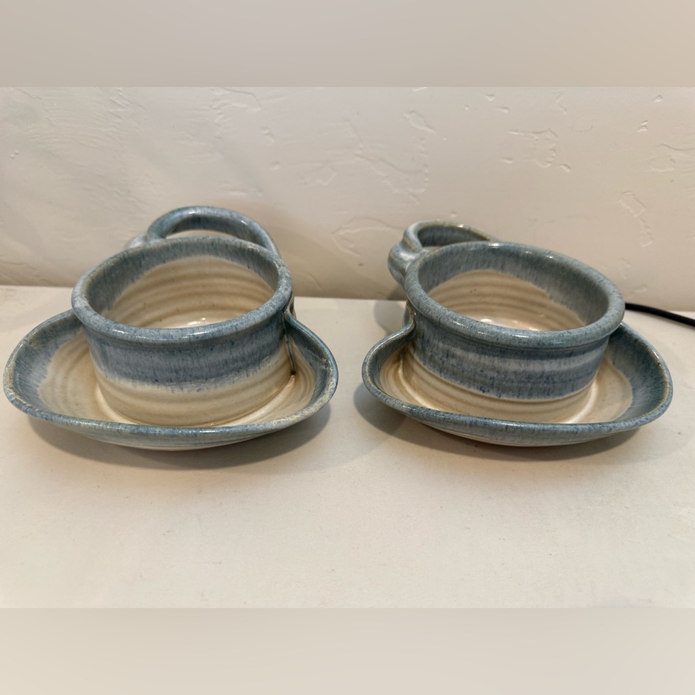 Pair Of Handmade Soup & Cracker Bowls Mugs, Erik Hertz Pottery, USA blue drip